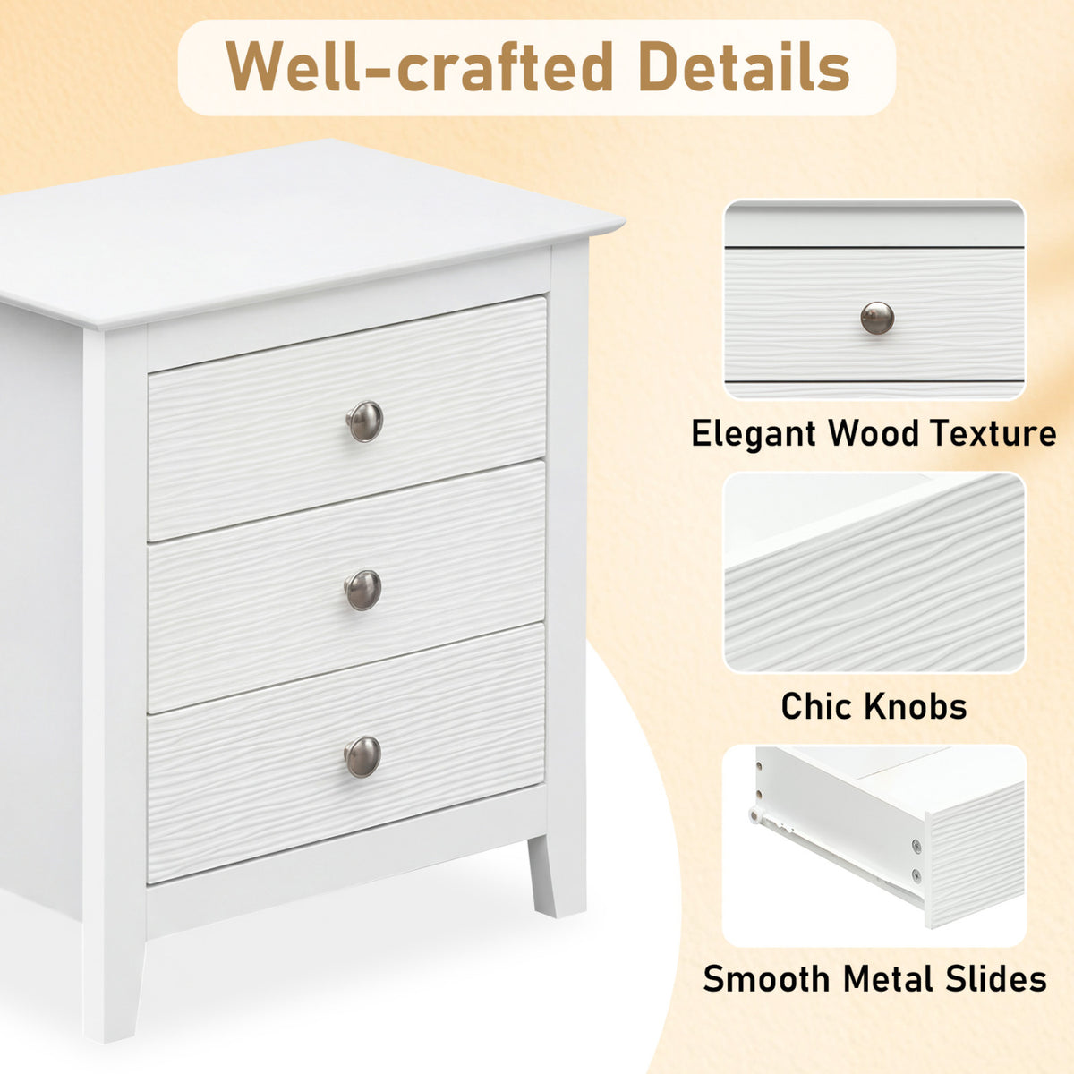 3-Drawer Nightstand with Wood Grain Accents, White