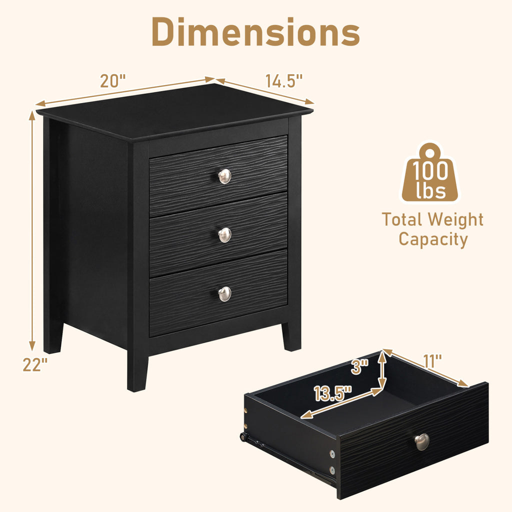 3-Drawer Nightstand with Wood Grain Accents, Black - Set of 2