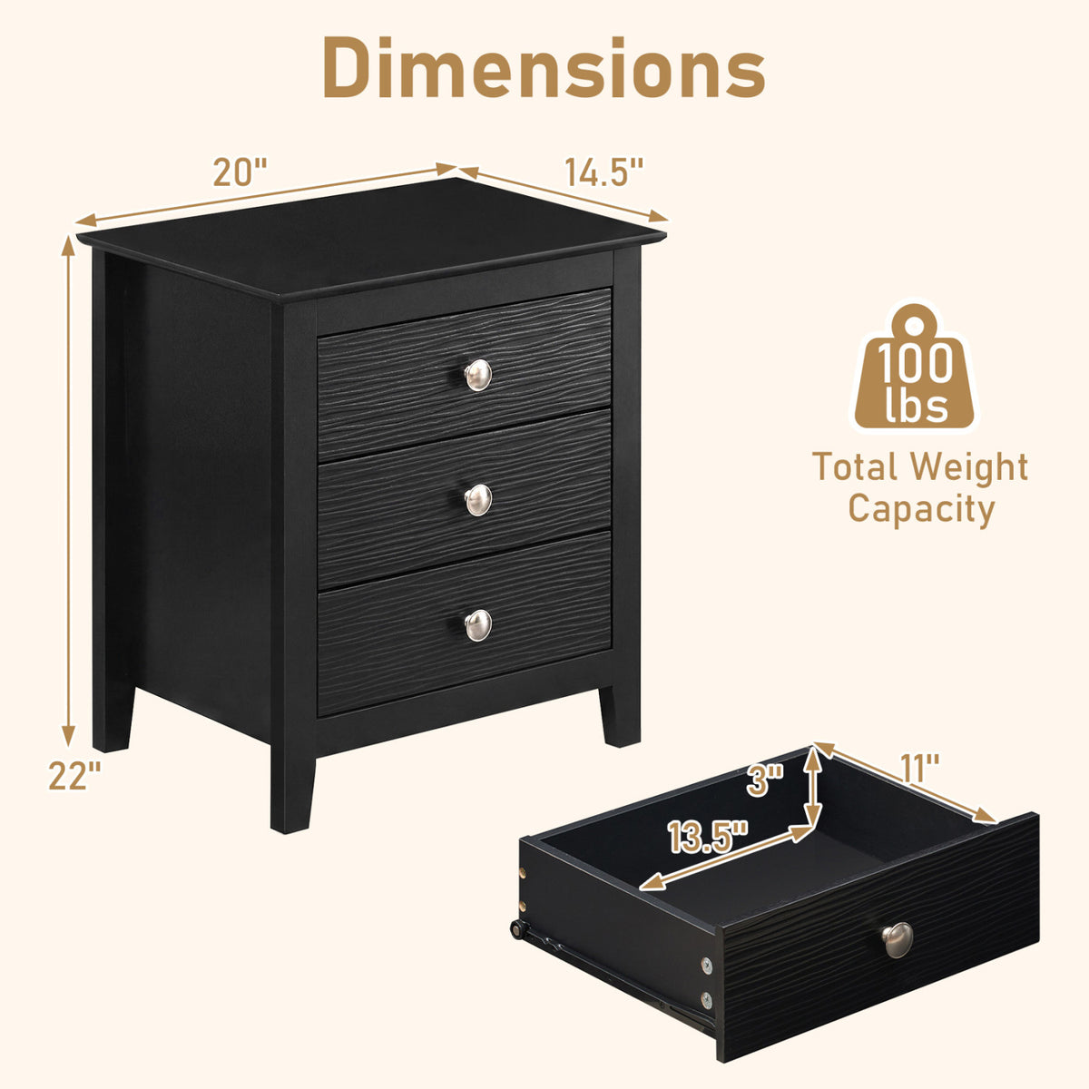 3-Drawer Nightstand with Wood Grain Accents, Black - Set of 2
