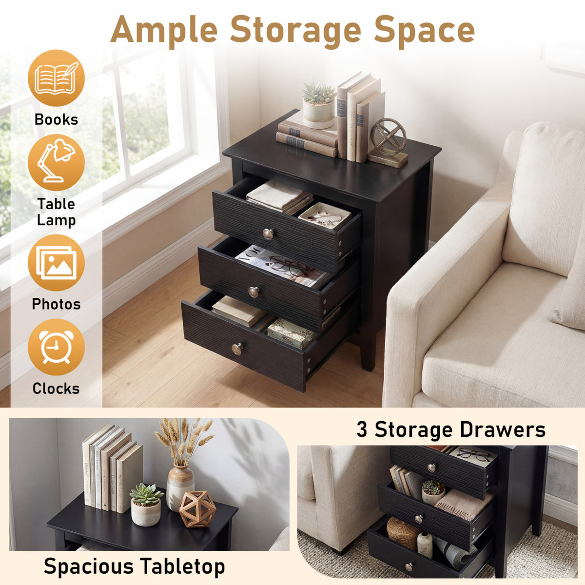 3-Drawer Nightstand with Wood Grain Accents, Black - Set of 2