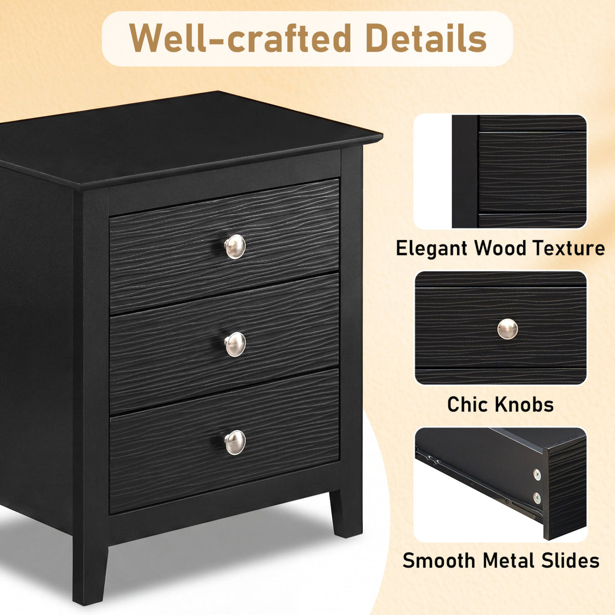 3-Drawer Nightstand with Wood Grain Accents, Black - Set of 2