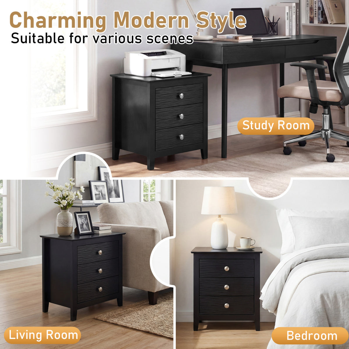 3-Drawer Nightstand with Wood Grain Accents, Black - Set of 2