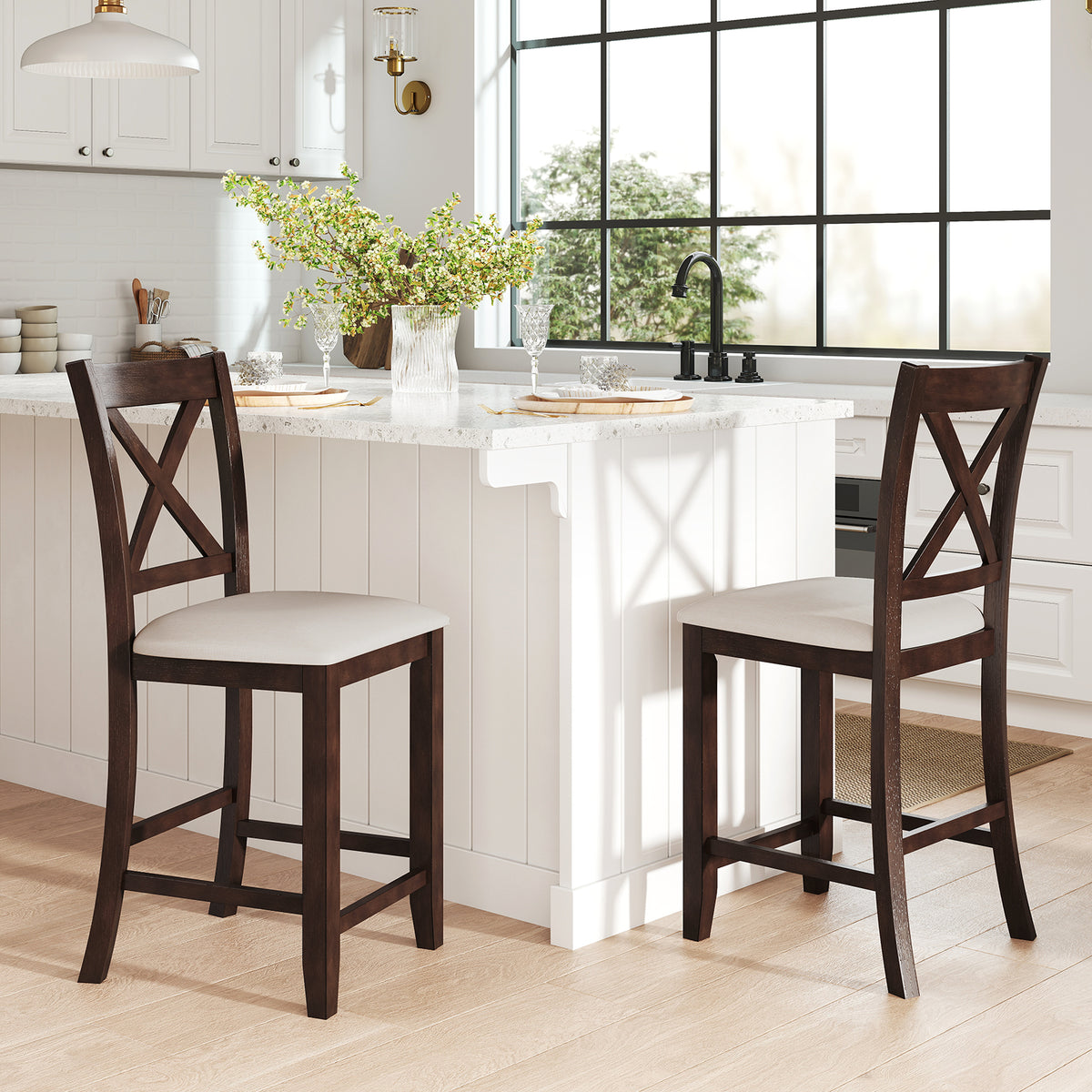 Modern Farmhouse Counter Height Stools with Backrest - Set of 2, Walnut