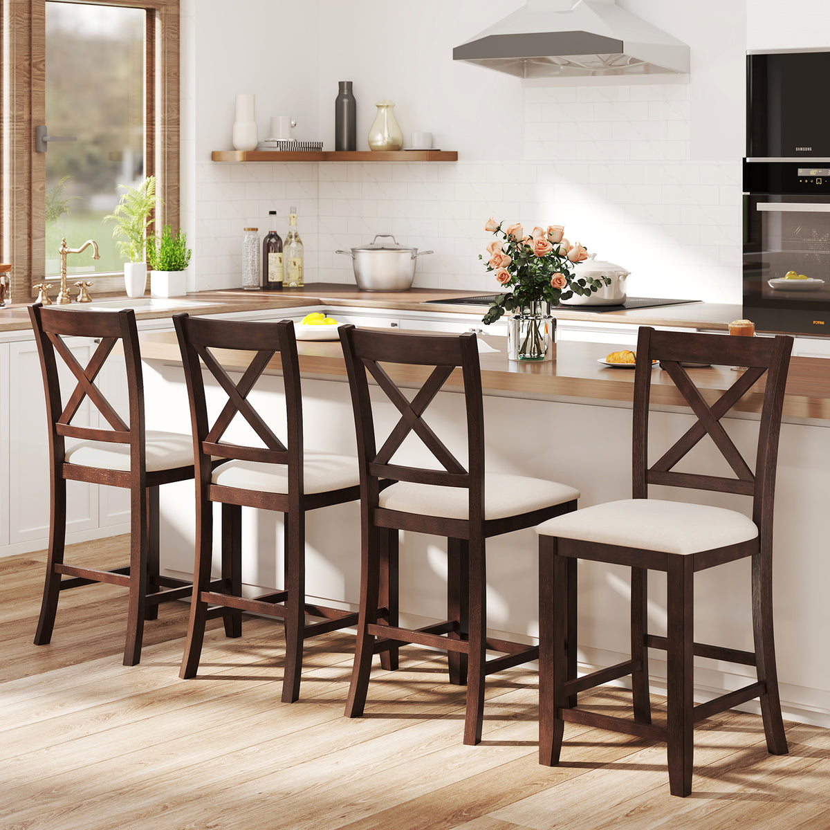 Modern Farmhouse Counter Height Stools with Backrest - Set of 2, Walnut