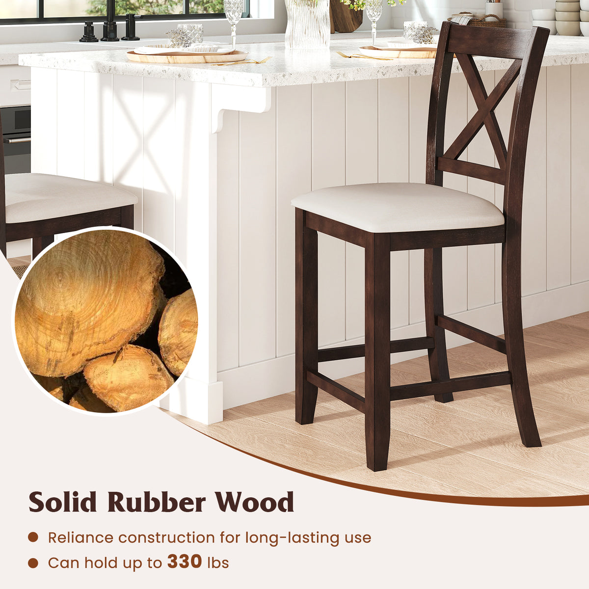 Modern Farmhouse Counter Height Stools with Backrest - Set of 2, Walnut