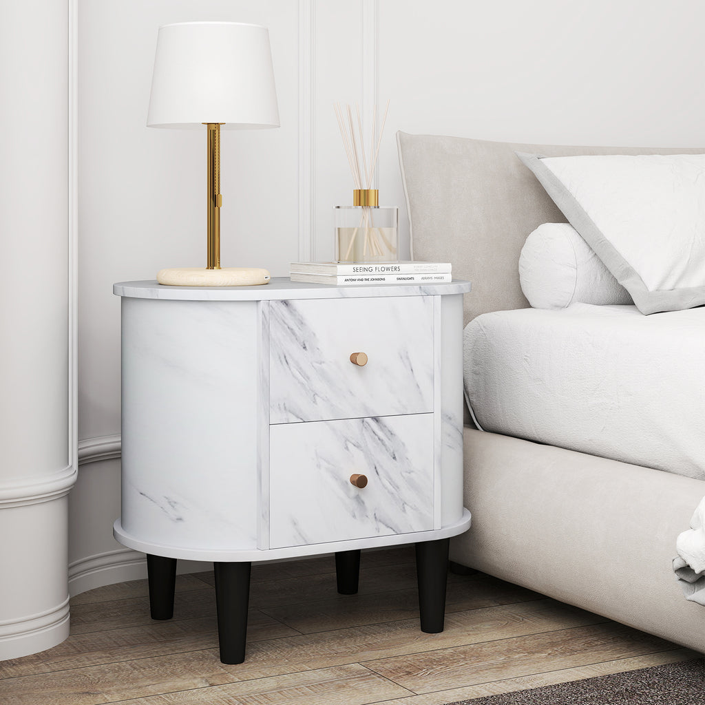 2-Drawer Nightstand with Faux Marble Top - White
