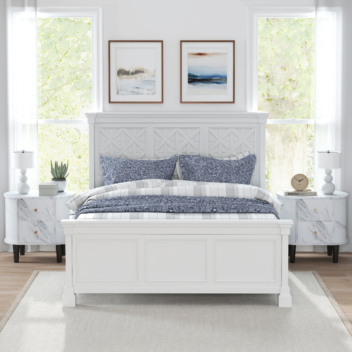 2-Drawer Nightstand with Faux Marble Top - White