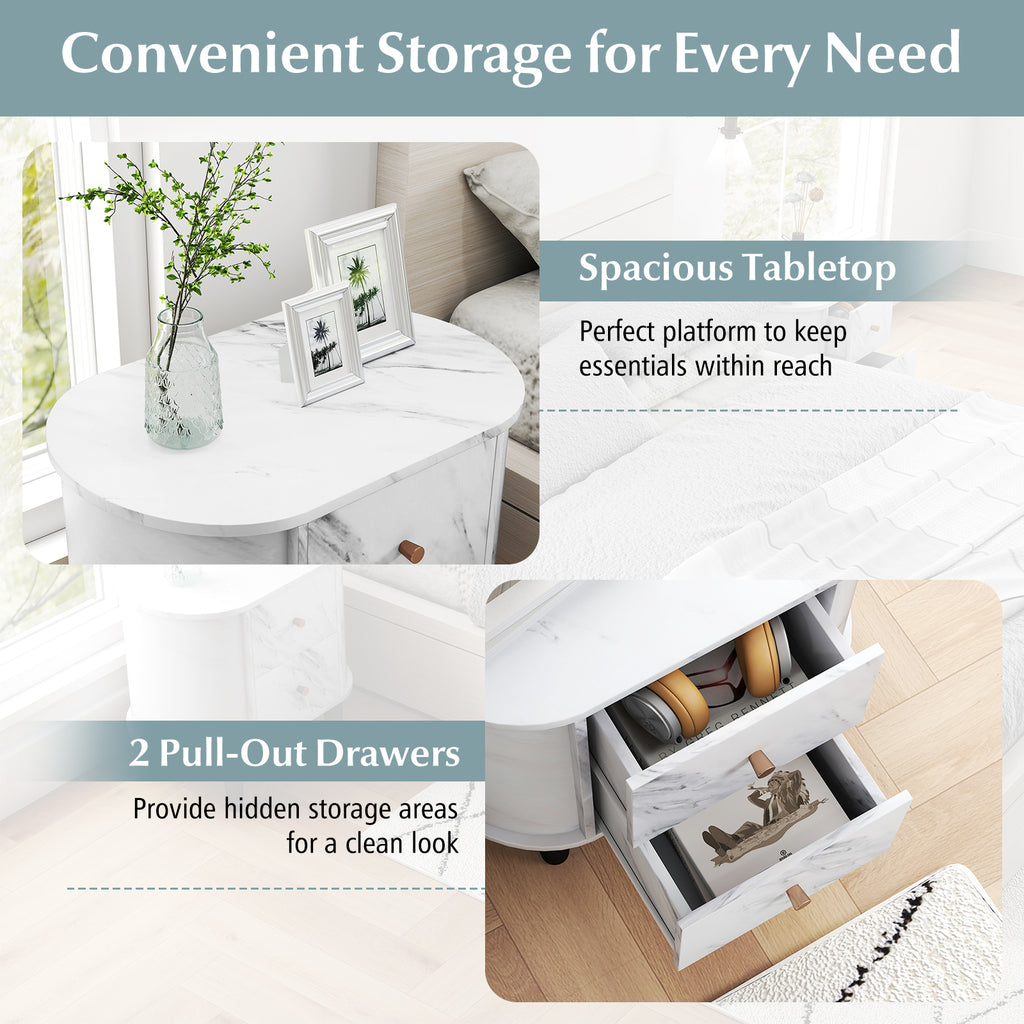 2-Drawer Nightstand with Faux Marble Top - White