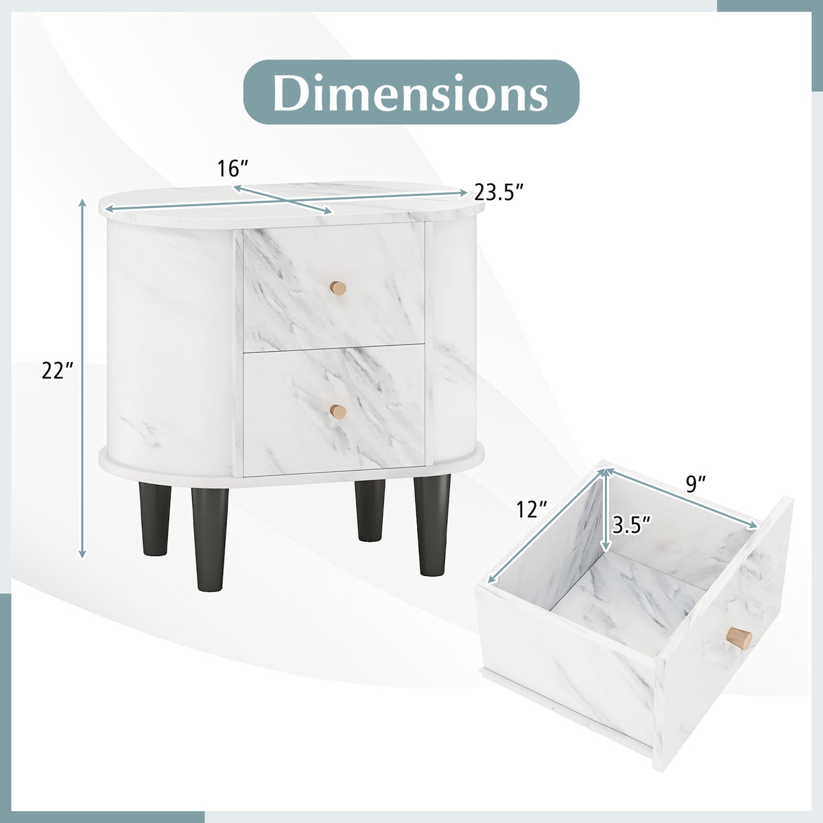 2-Drawer Nightstand with Faux Marble Top - White