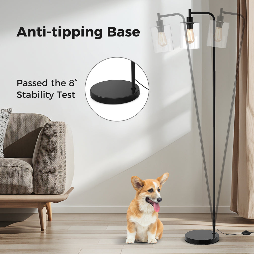Black Modern Floor Lamp with Hanging Glass Shade & Foot Switch