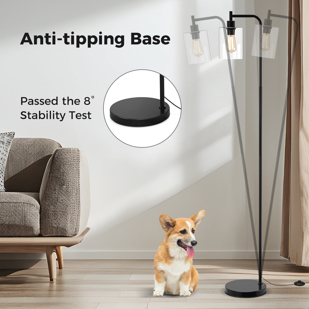 Black Modern Floor Lamp with Hanging Glass Shade & Foot Switch