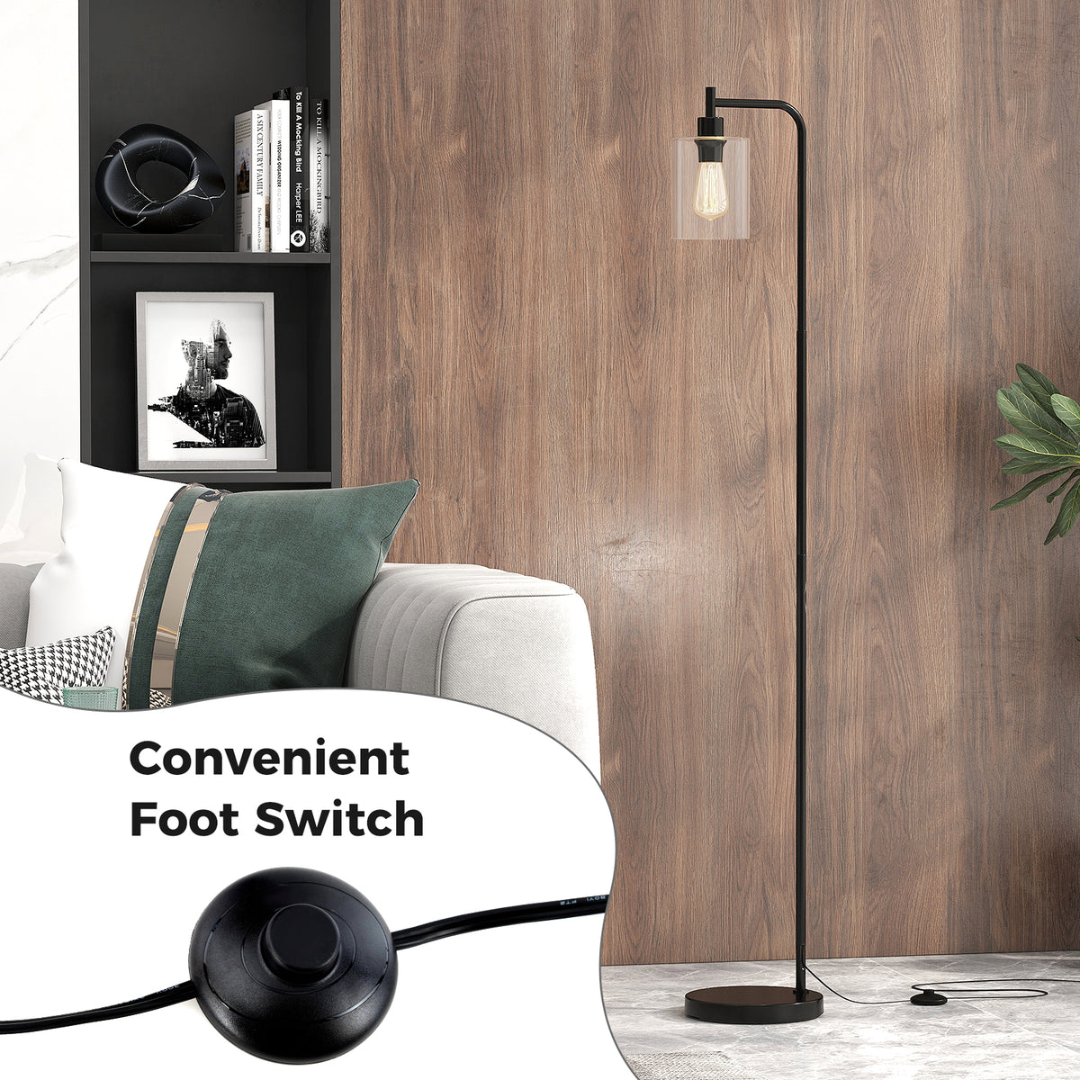 Black Modern Floor Lamp with Hanging Glass Shade & Foot Switch