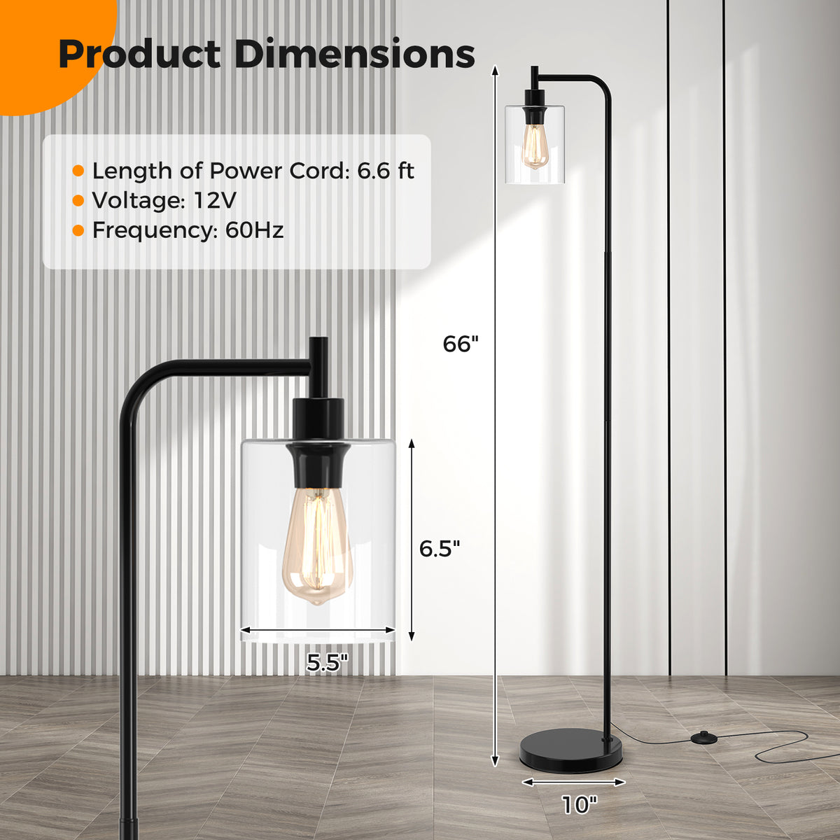Black Modern Floor Lamp with Hanging Glass Shade & Foot Switch