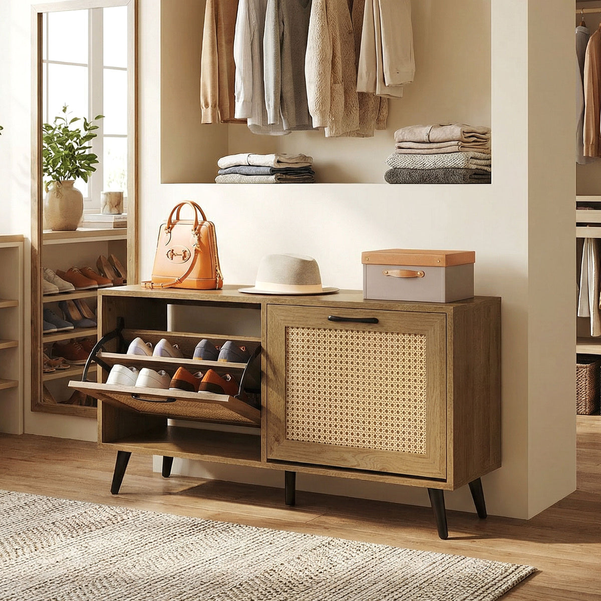 Modern Freestanding Shoe Cabinet with 2 Flip Drawers and Adjustable