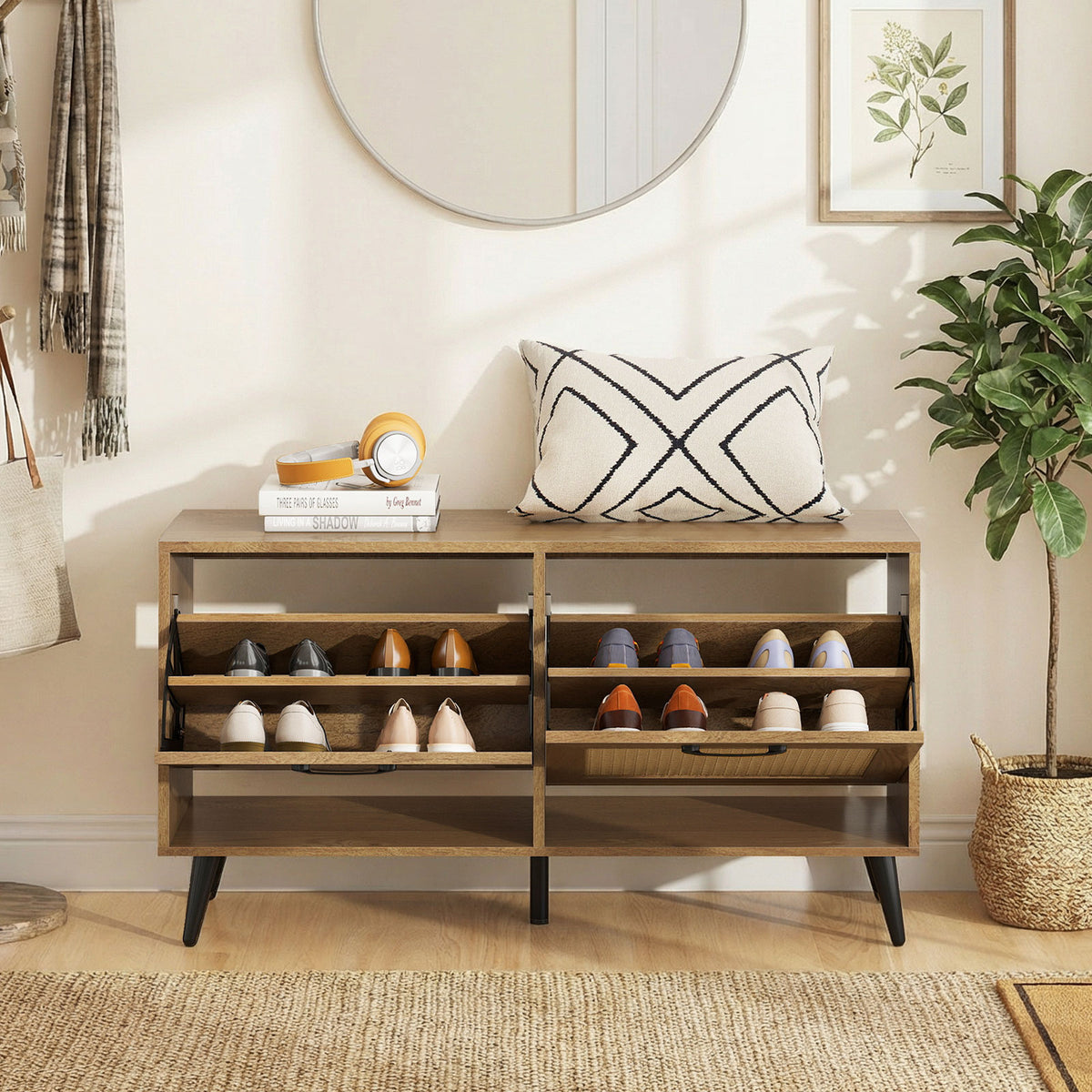 Modern Freestanding Shoe Cabinet with 2 Flip Drawers and Adjustable