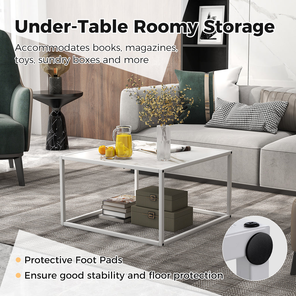 Modern Square Coffee Table with Faux Marble Tabletop - White