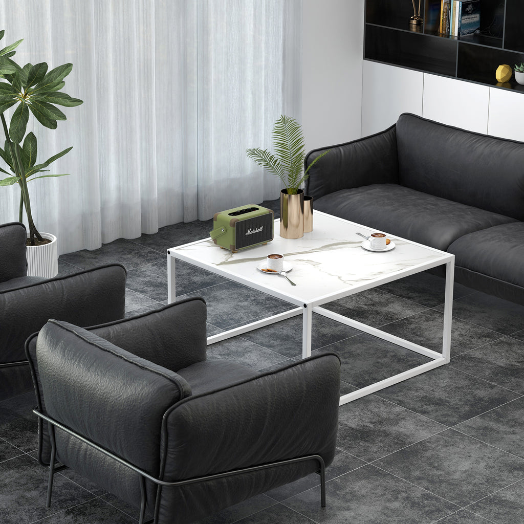 Modern Square Coffee Table with Faux Marble Tabletop - White
