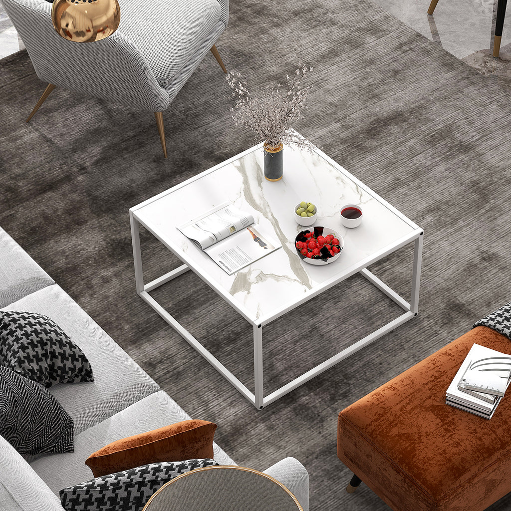 Modern Square Coffee Table with Faux Marble Tabletop - White