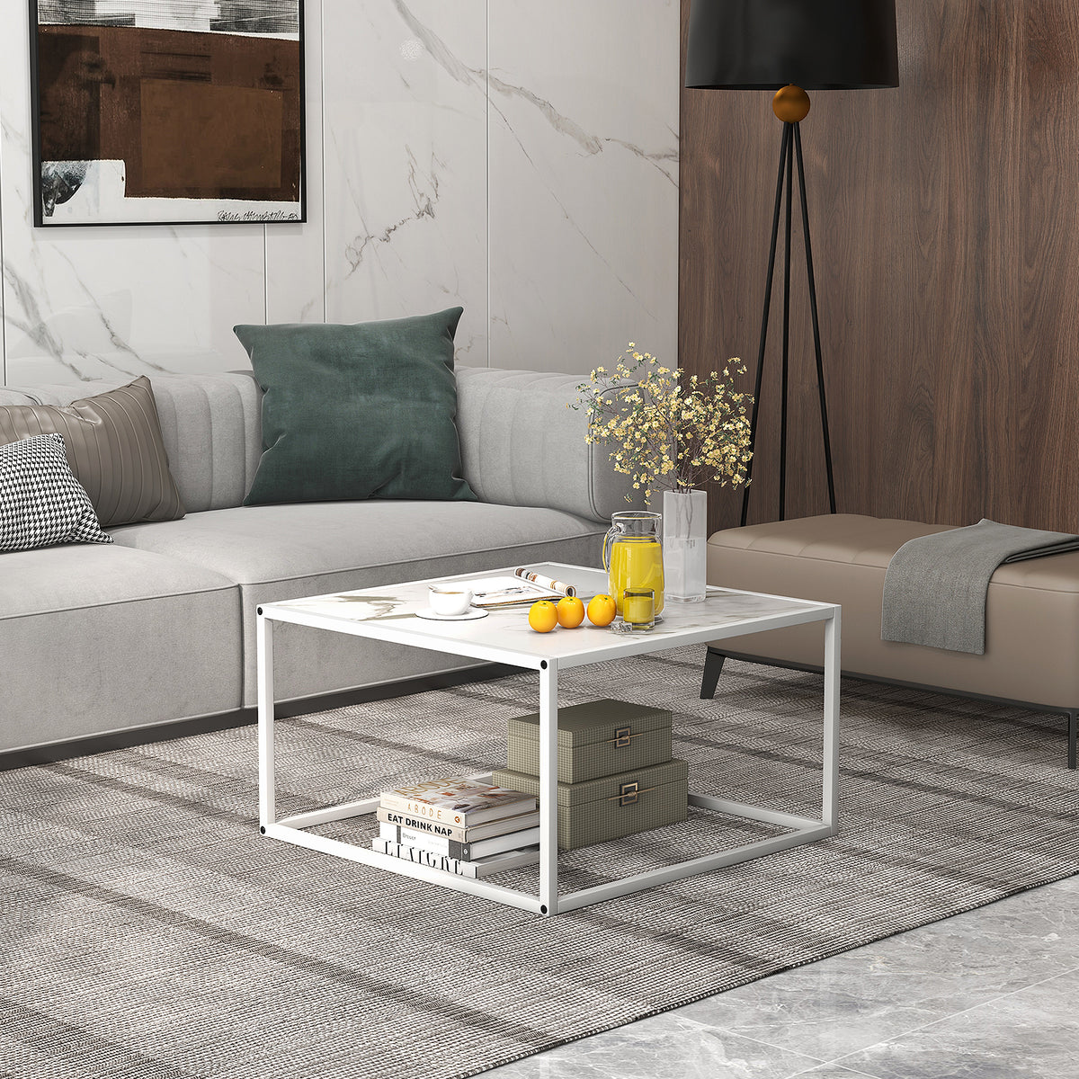 Modern Square Coffee Table with Faux Marble Tabletop - White