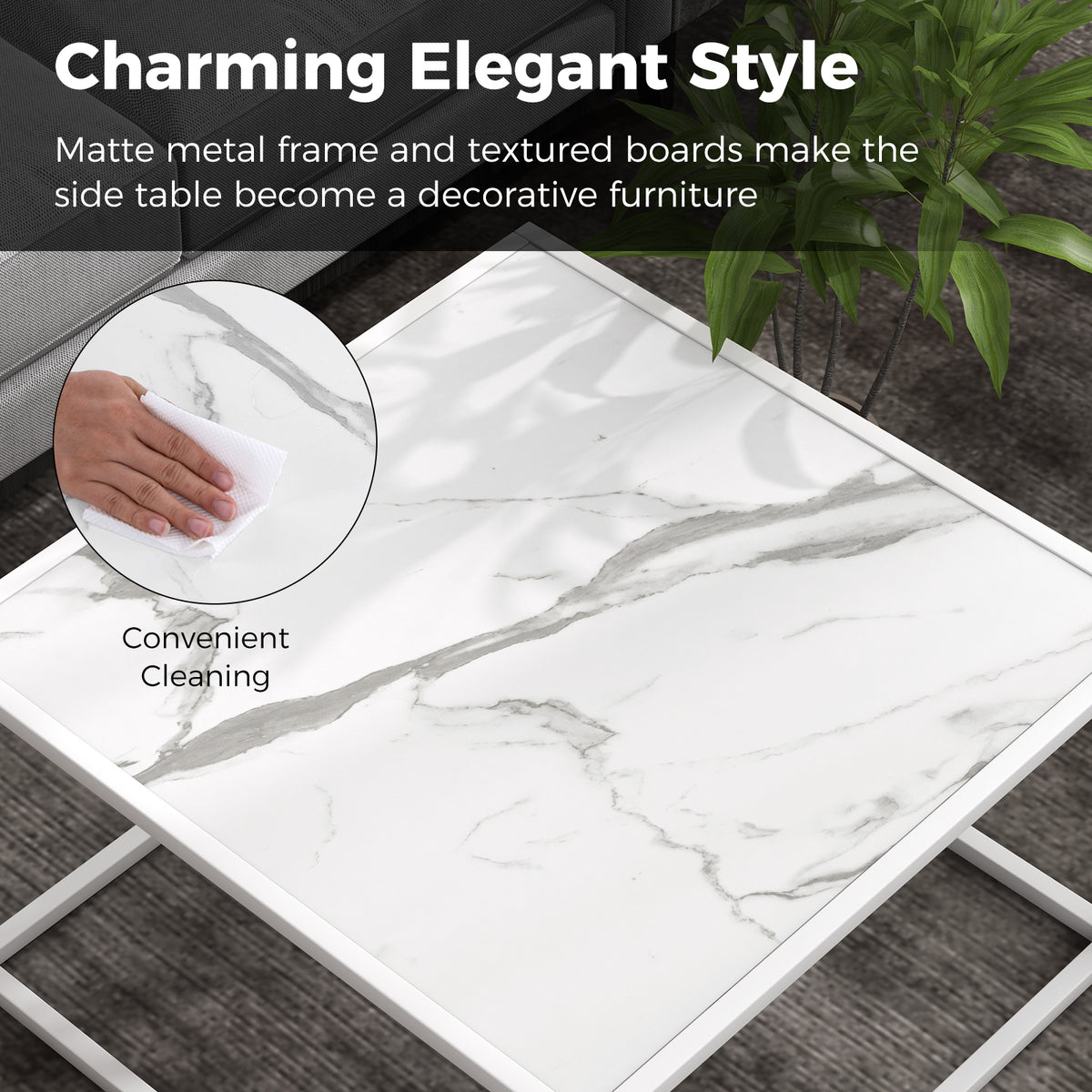 Modern Square Coffee Table with Faux Marble Tabletop - White