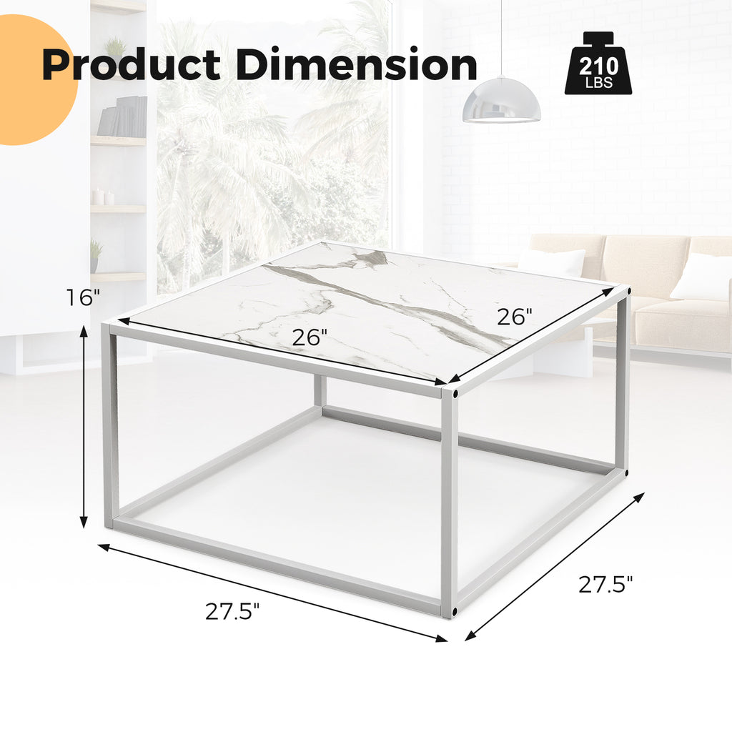 Modern Square Coffee Table with Faux Marble Tabletop - White