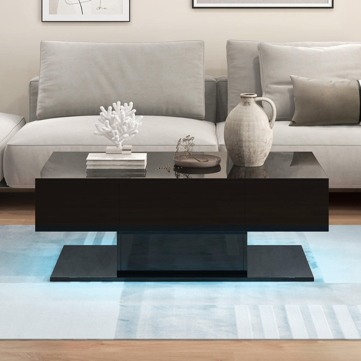 LED Coffee Table with Storage Drawers - Black
