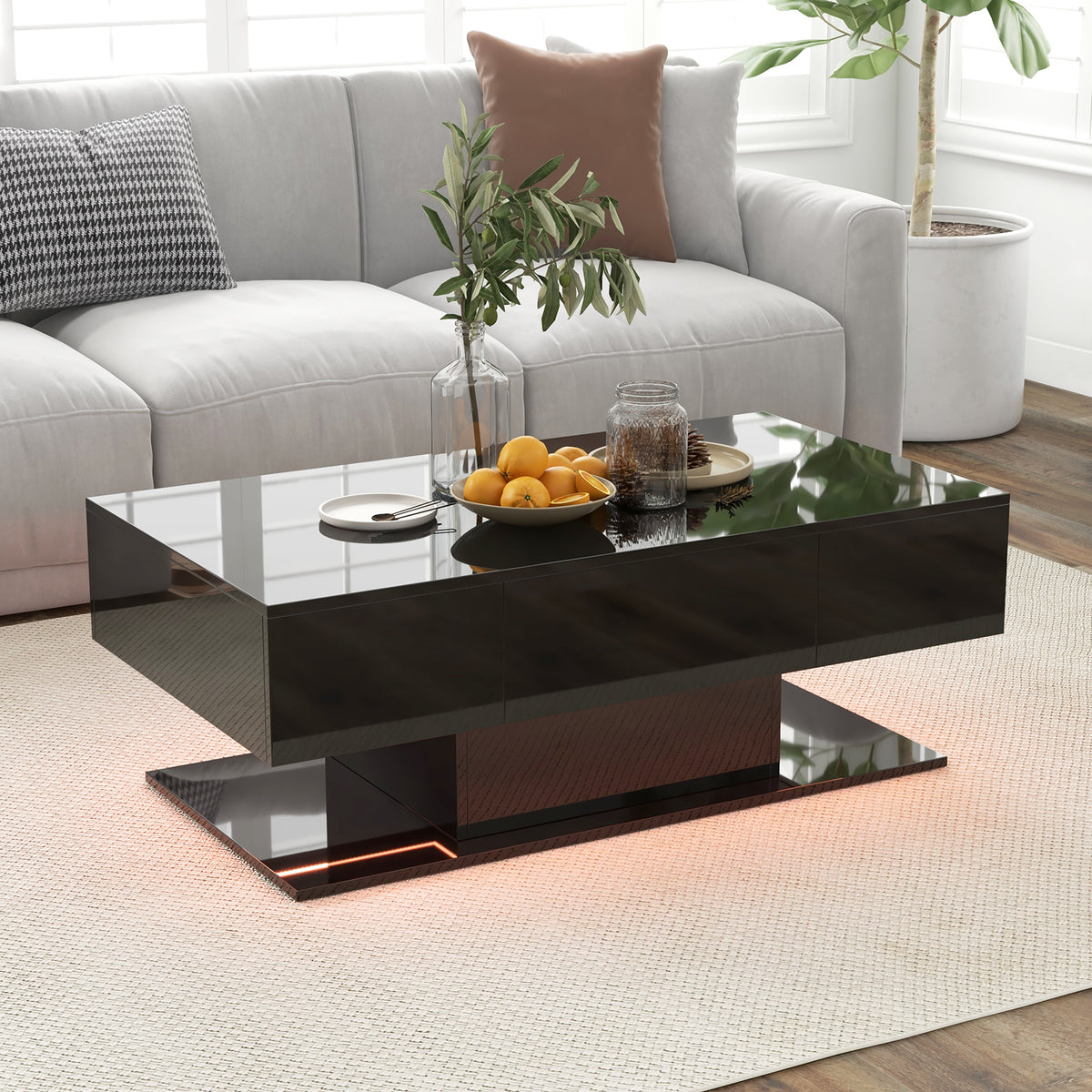 LED Coffee Table with Storage Drawers - Black