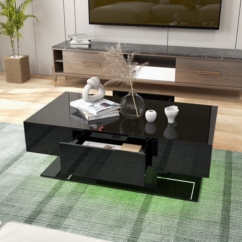 LED Coffee Table with Storage Drawers - Black