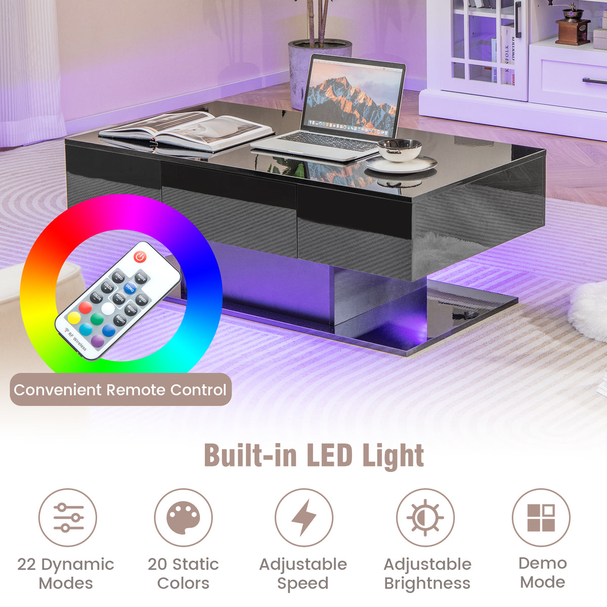 LED Coffee Table with Storage Drawers - Black