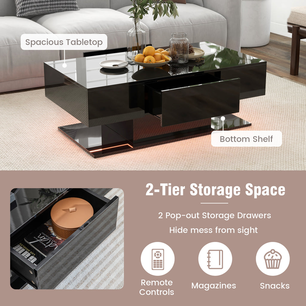 LED Coffee Table with Storage Drawers - Black