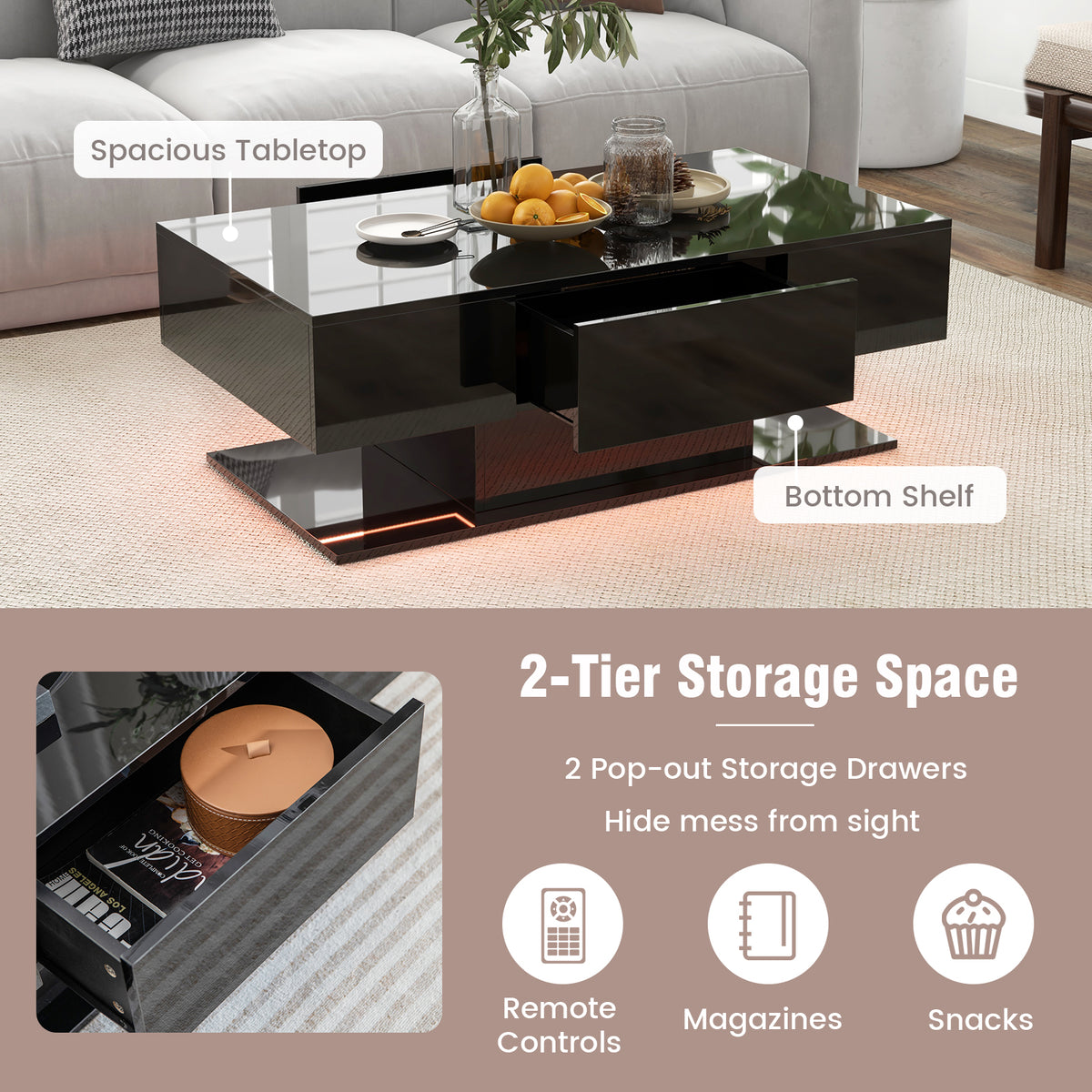 LED Coffee Table with Storage Drawers - Black
