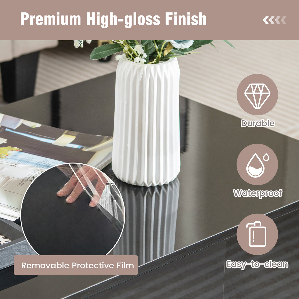 LED Coffee Table with Storage Drawers - Black