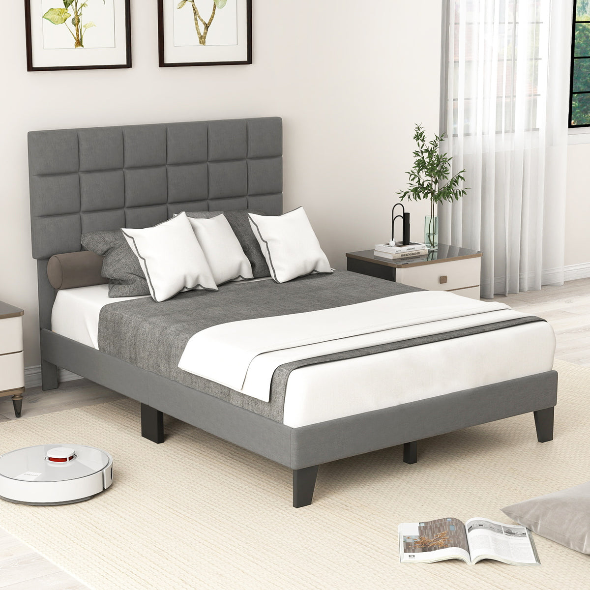 Full Size Linen Bed Frame with Adjustable Headboard - Gray