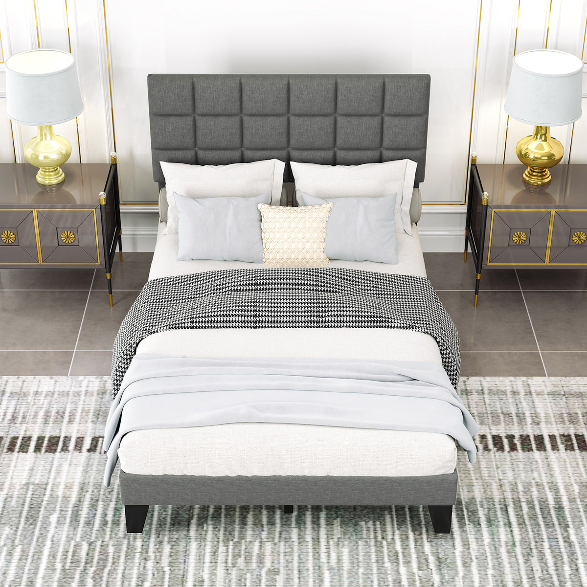 Full Size Linen Bed Frame with Adjustable Headboard - Gray