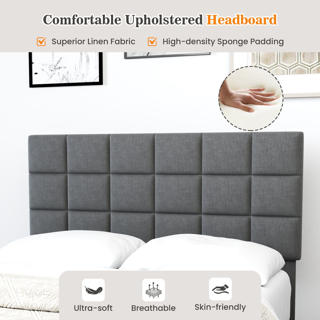 Full Size Linen Bed Frame with Adjustable Headboard - Gray
