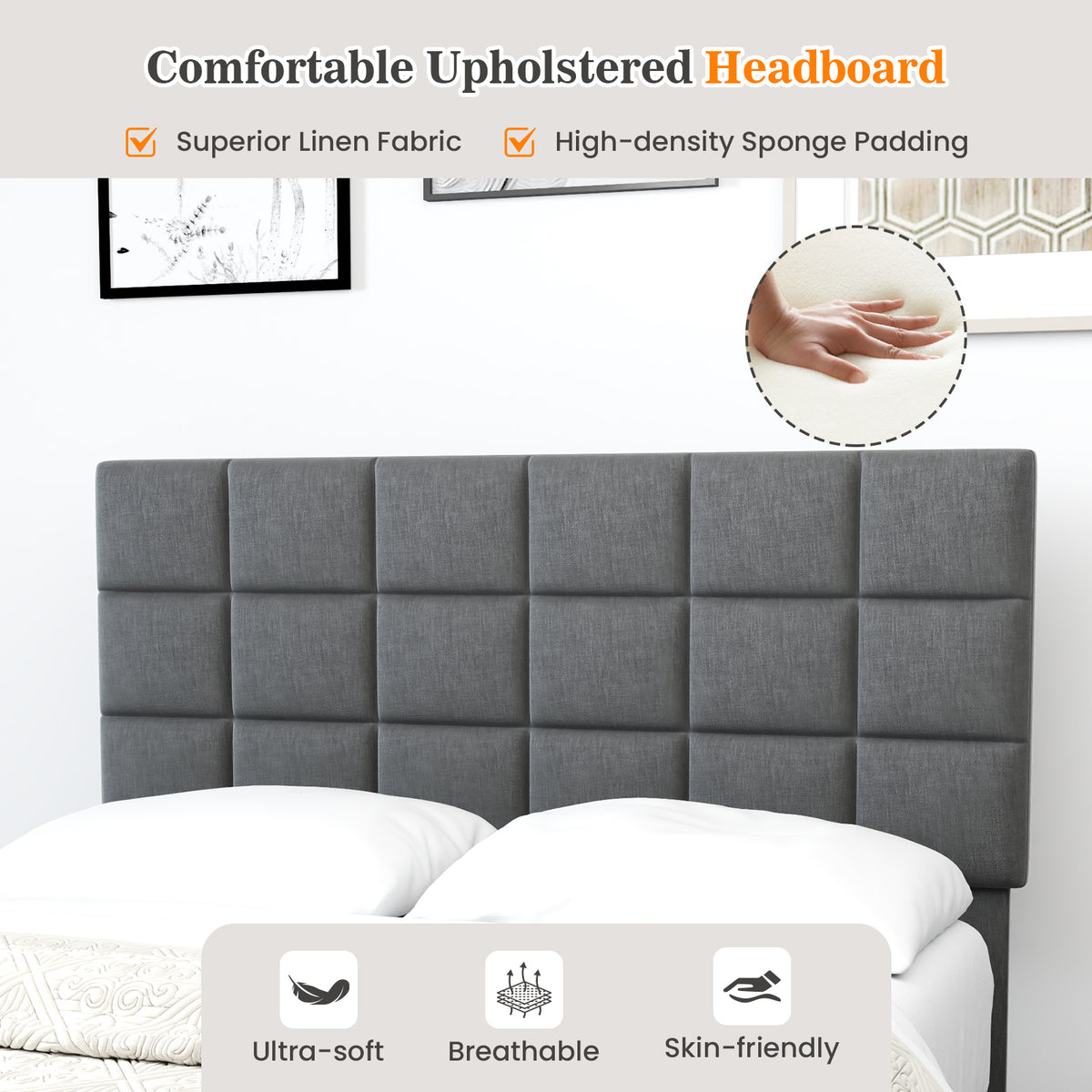 Full Size Linen Bed Frame with Adjustable Headboard - Gray