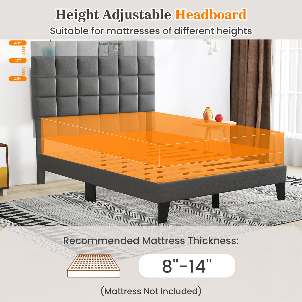 Full Size Linen Bed Frame with Adjustable Headboard - Gray