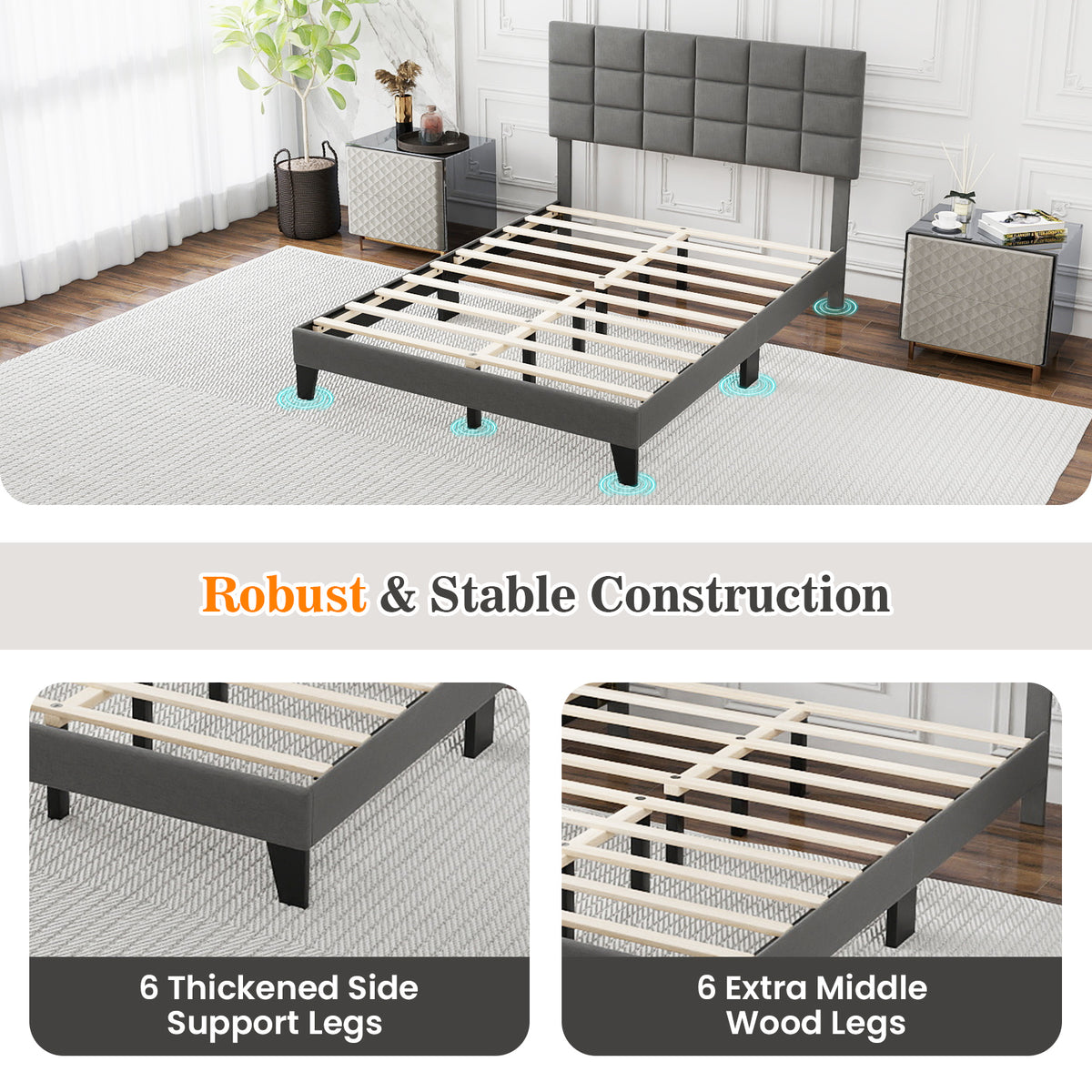 Full Size Linen Bed Frame with Adjustable Headboard - Gray