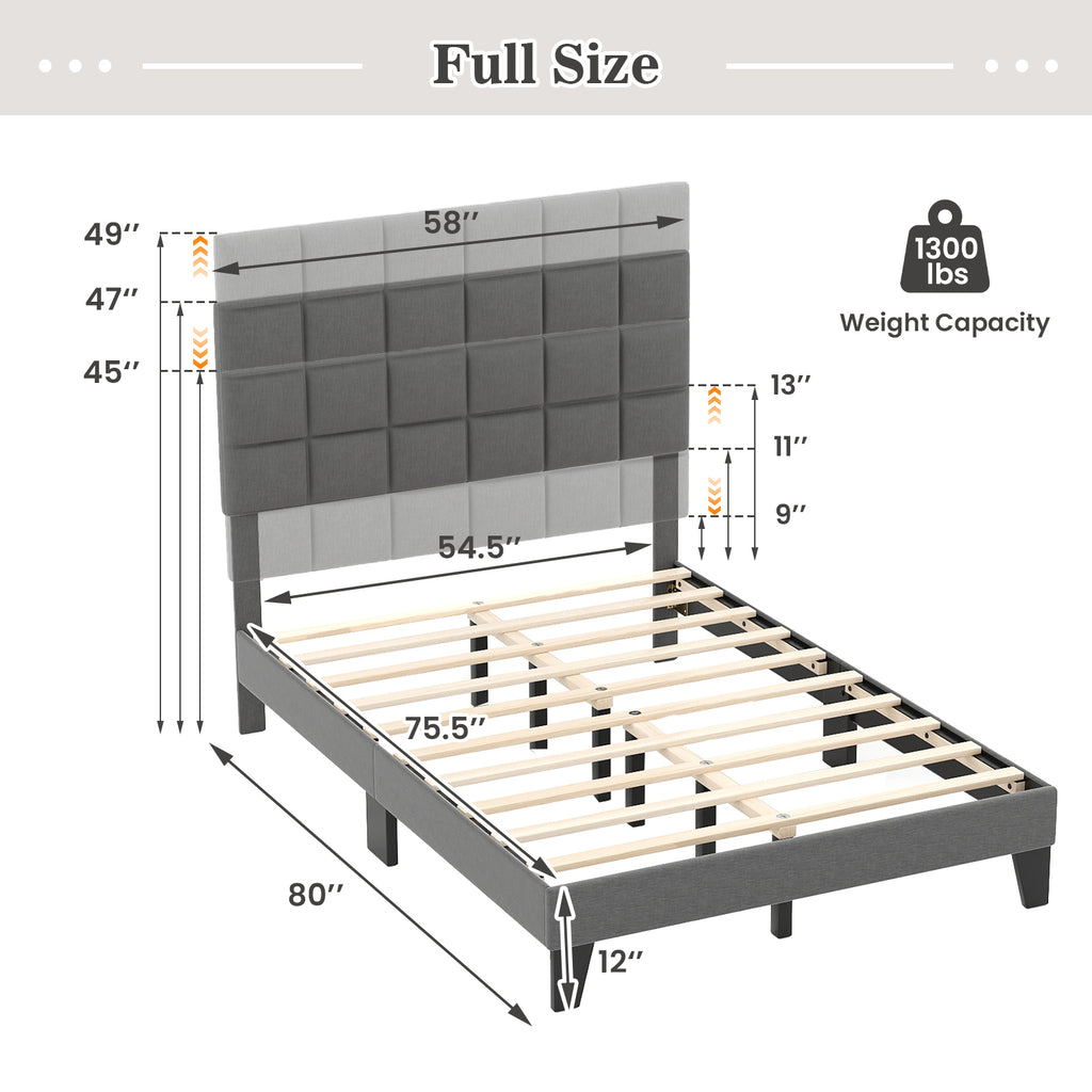 Full Size Linen Bed Frame with Adjustable Headboard - Gray