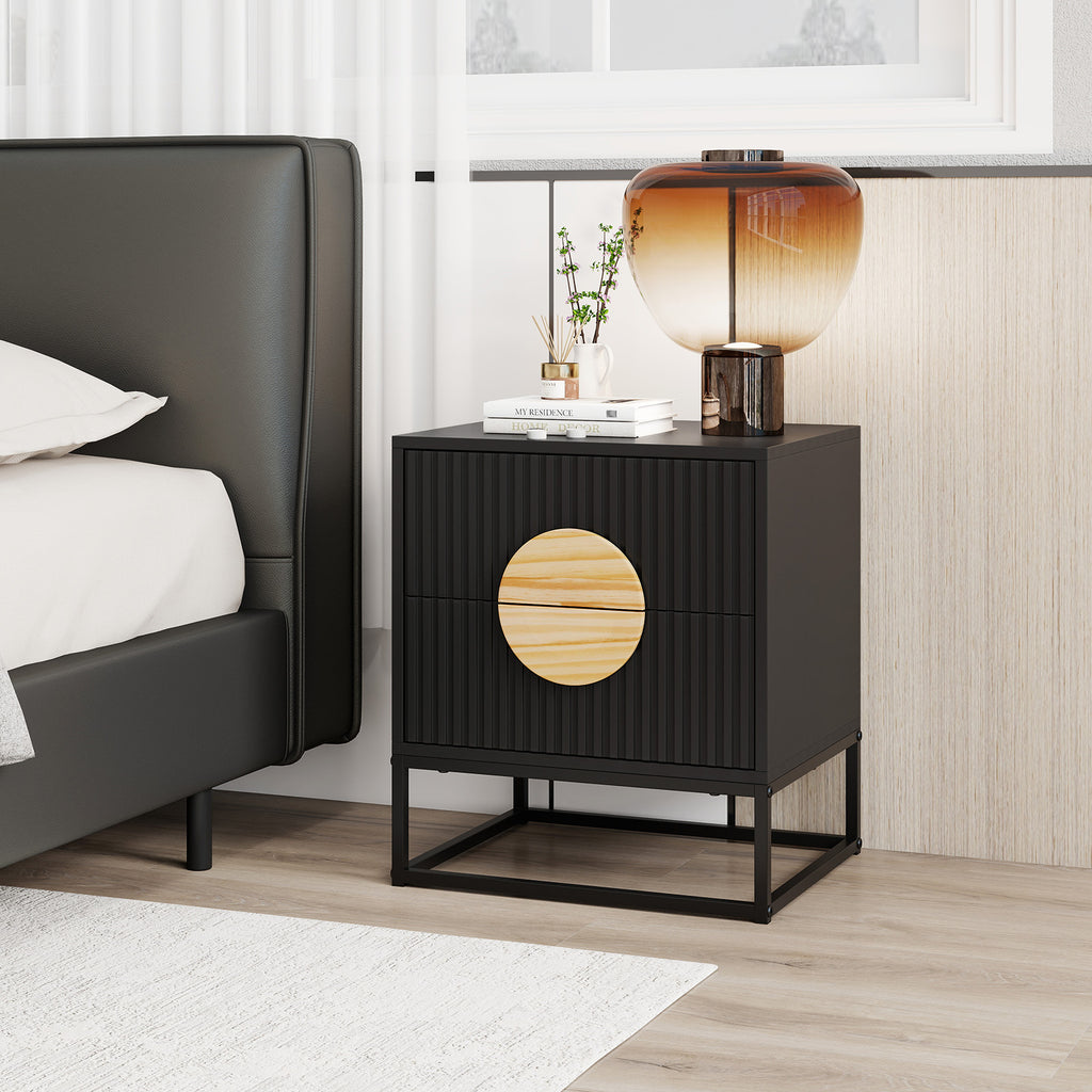 Modern Fluted Nightstand with 2 Drawers, Black