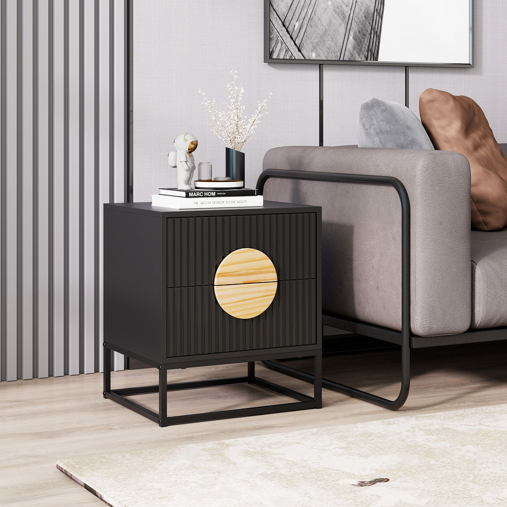 Modern Fluted Nightstand with 2 Drawers, Black