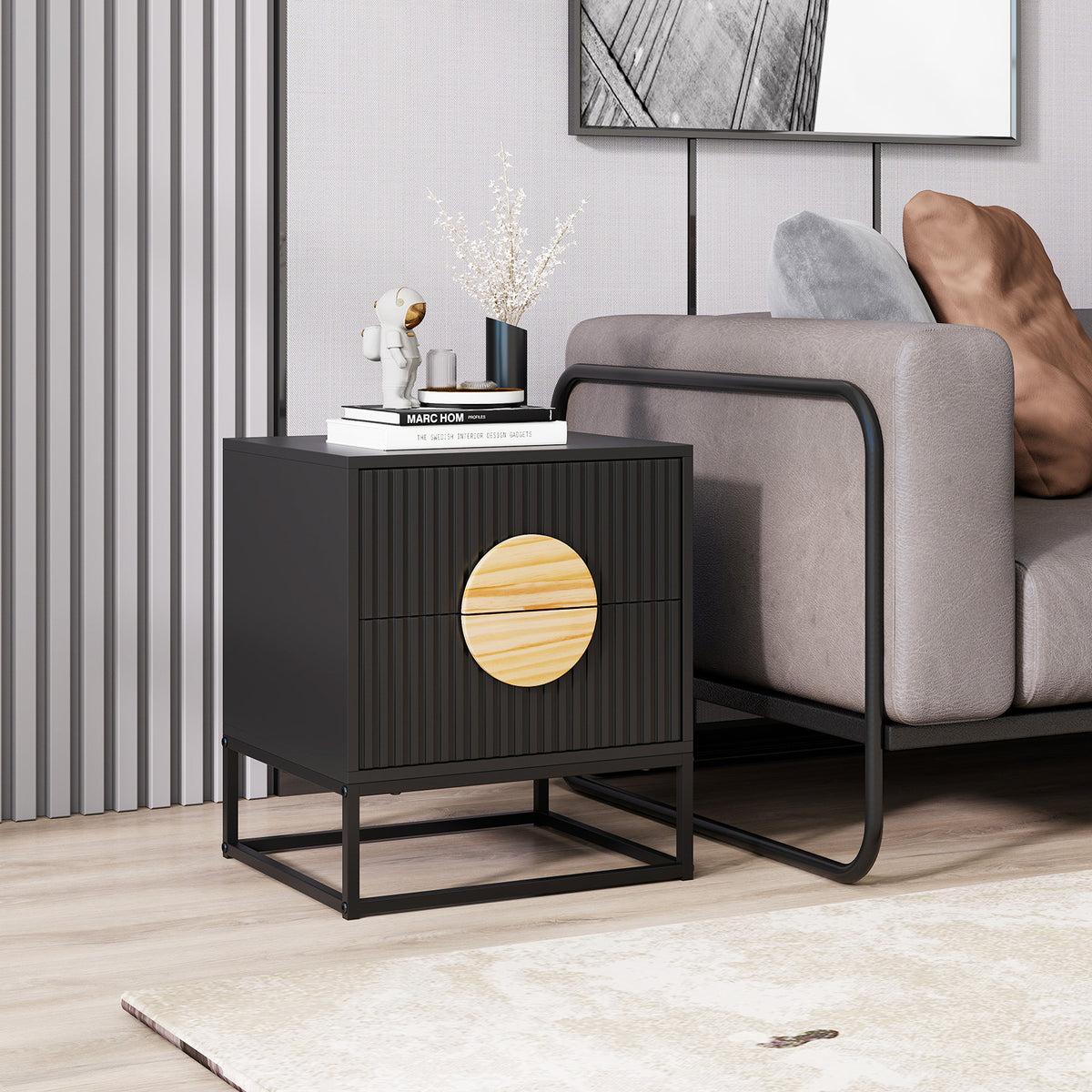 Modern Fluted Nightstand with 2 Drawers, Black