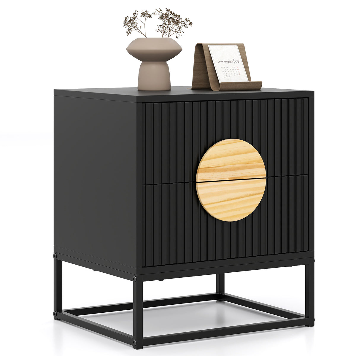 Modern Fluted Nightstand with 2 Drawers, Black