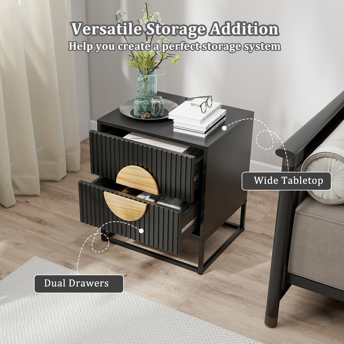 Modern Fluted Nightstand with 2 Drawers, Black