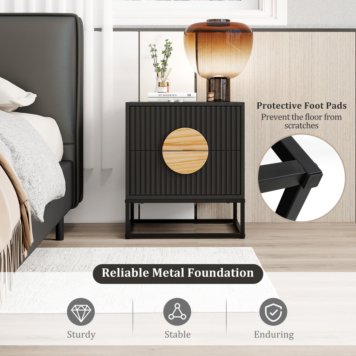 Modern Fluted Nightstand with 2 Drawers, Black