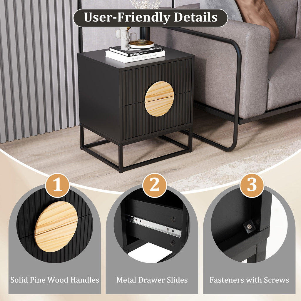 Modern Fluted Nightstand with 2 Drawers, Black