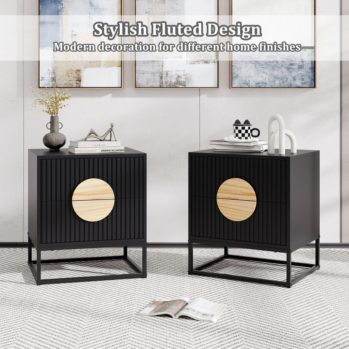 Modern Fluted Nightstand with 2 Drawers, Black
