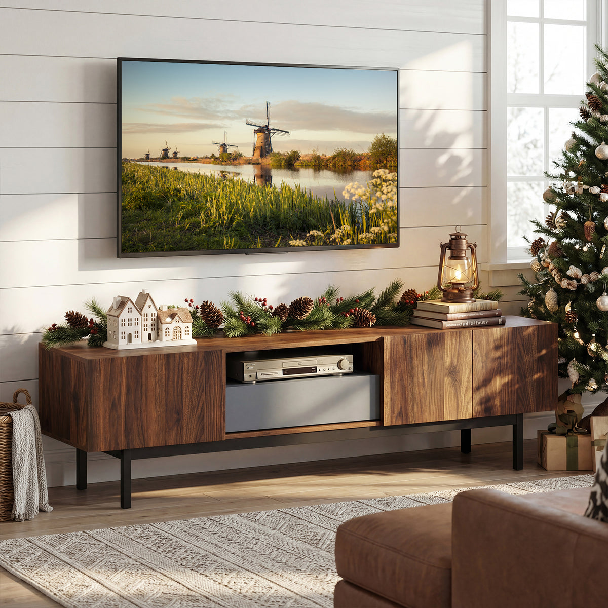 Mid-Century TV Cabinet for 55–82" TVs with Storage Drawer - Walnut