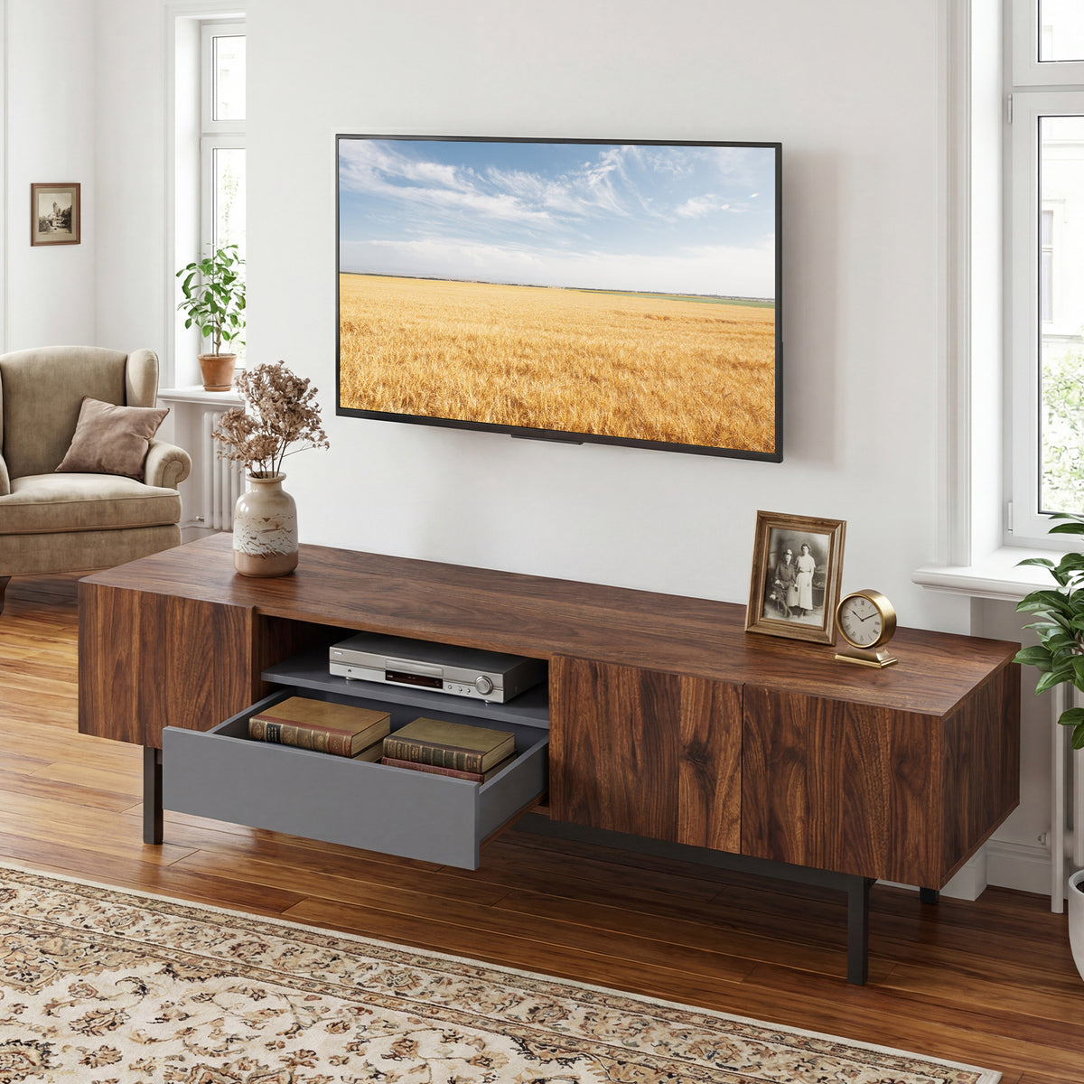 Mid-Century TV Cabinet for 55–82" TVs with Storage Drawer - Walnut