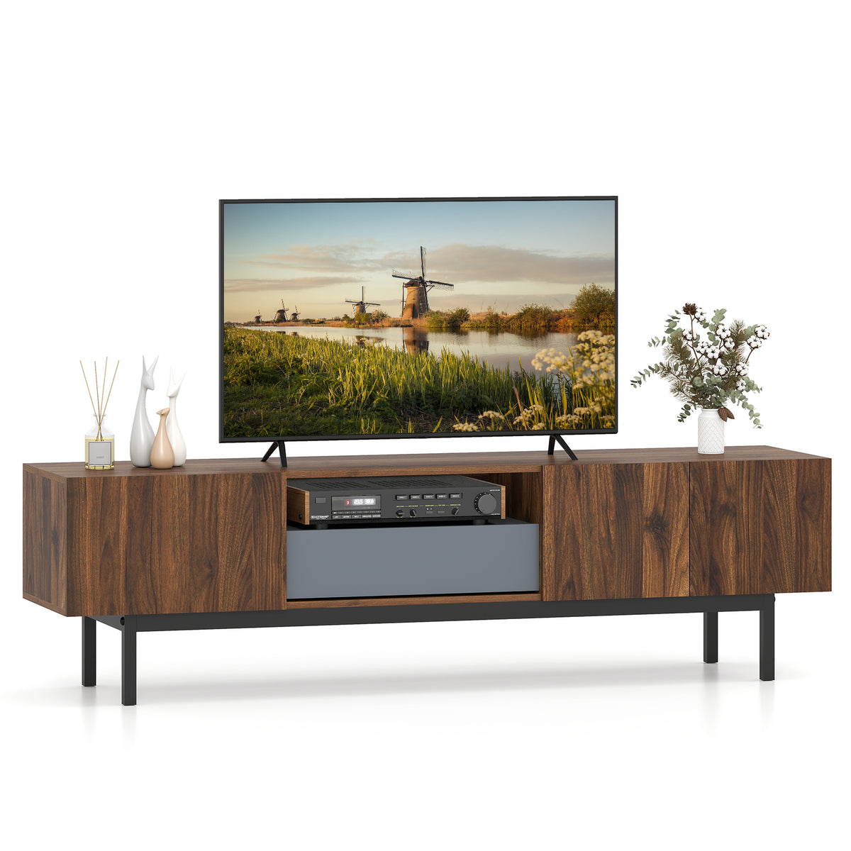 Mid-Century TV Cabinet for 55–82" TVs with Storage Drawer - Walnut